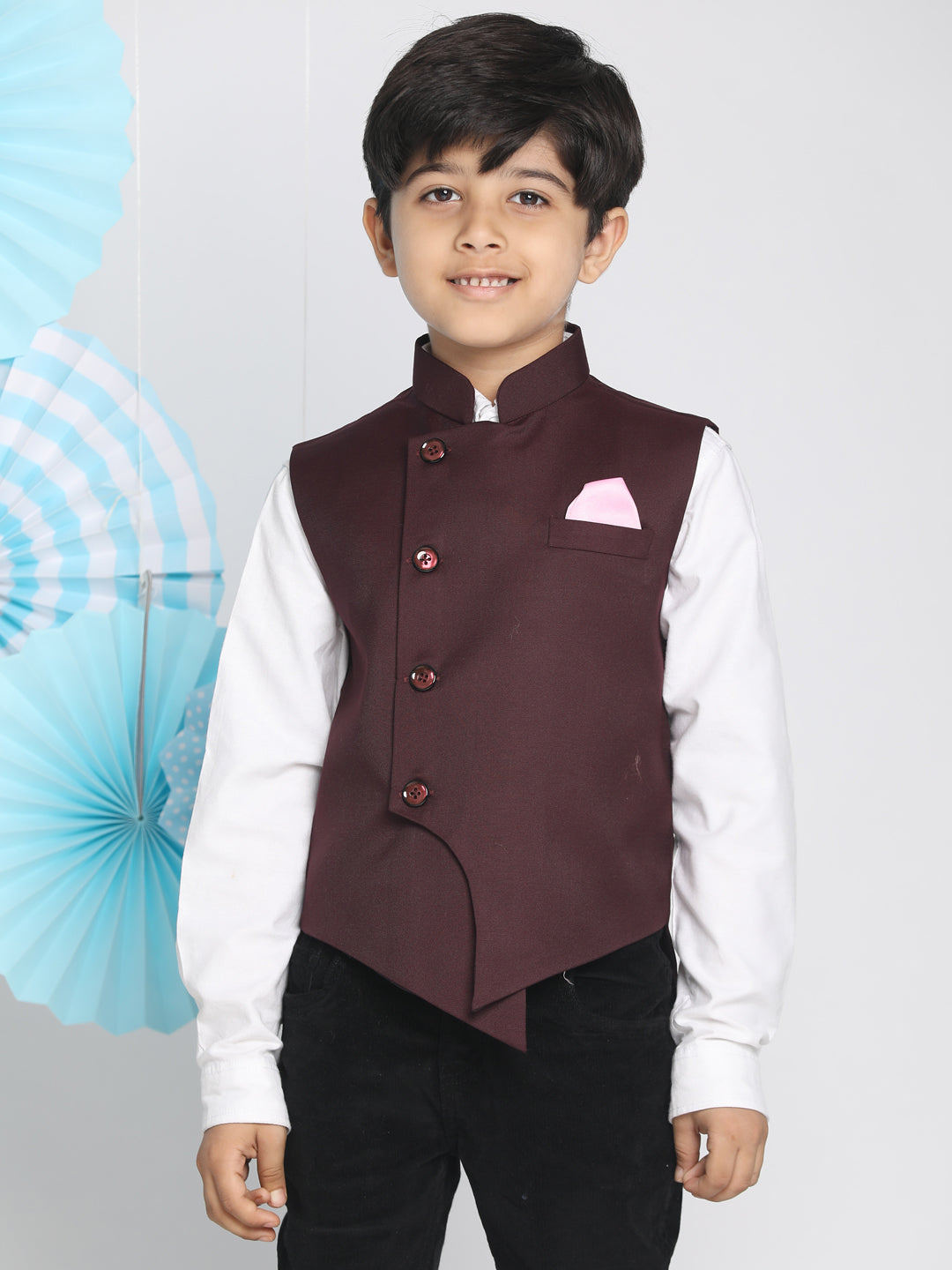VASTRAMAY Boys Maroon Solid Satin Nehru Jacket - qivii