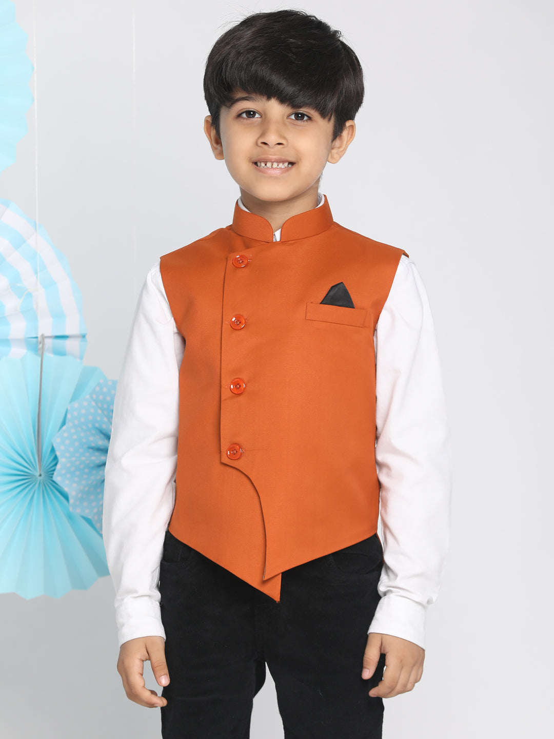 VASTRAMAY Boys Orange Solid Satin Nehru Jacket - qivii