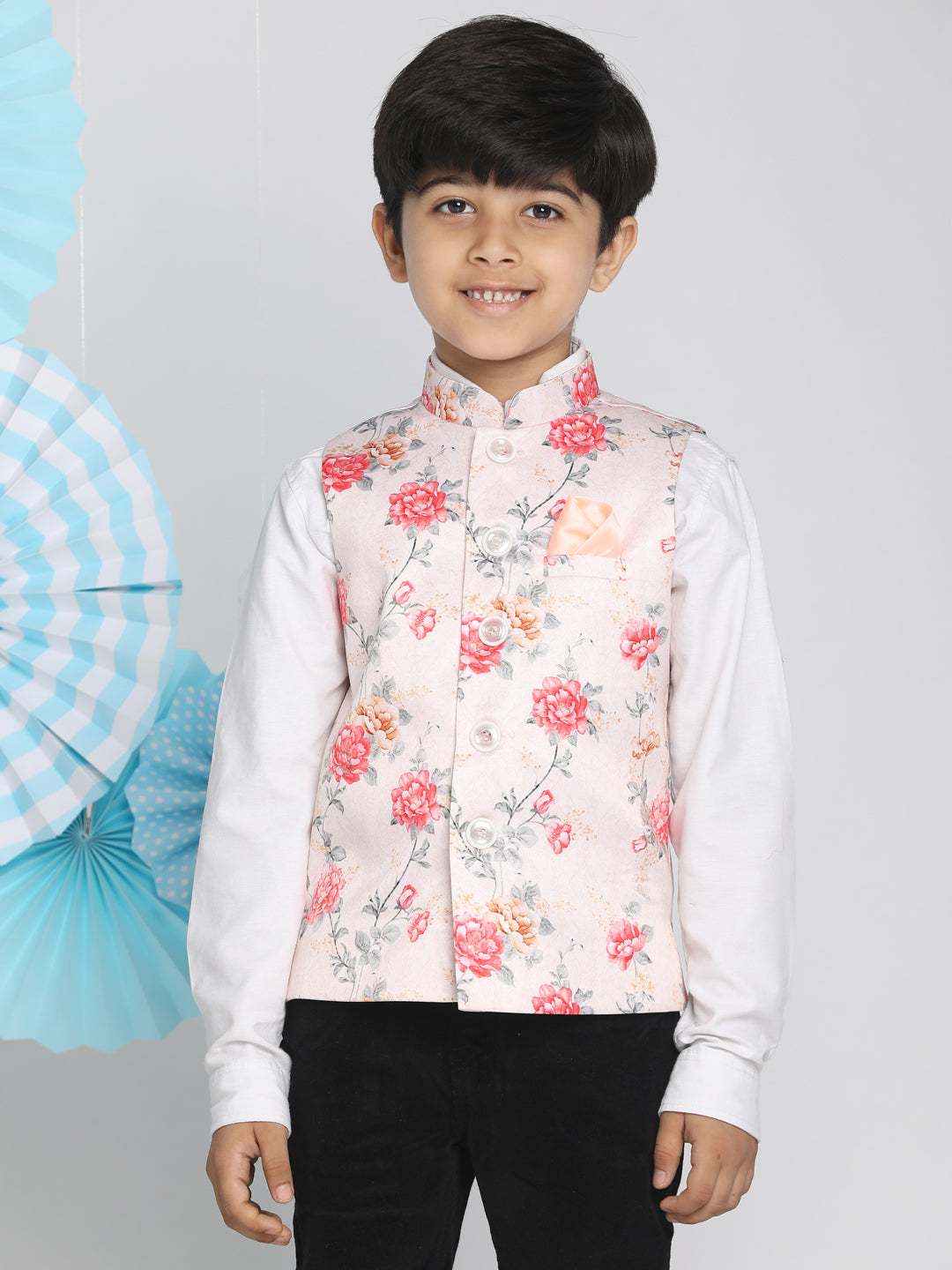 VASTRAMAY Boys Multicolor-Base-Peach Floral Printed Nehru Jacket - qivii