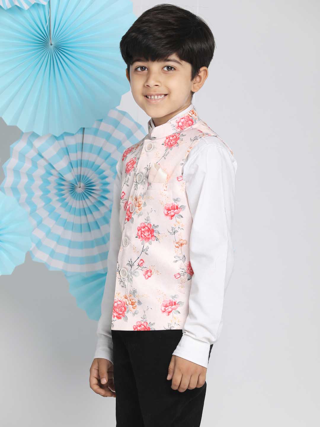 VASTRAMAY Boys Multicolor-Base-Peach Floral Printed Nehru Jacket - qivii