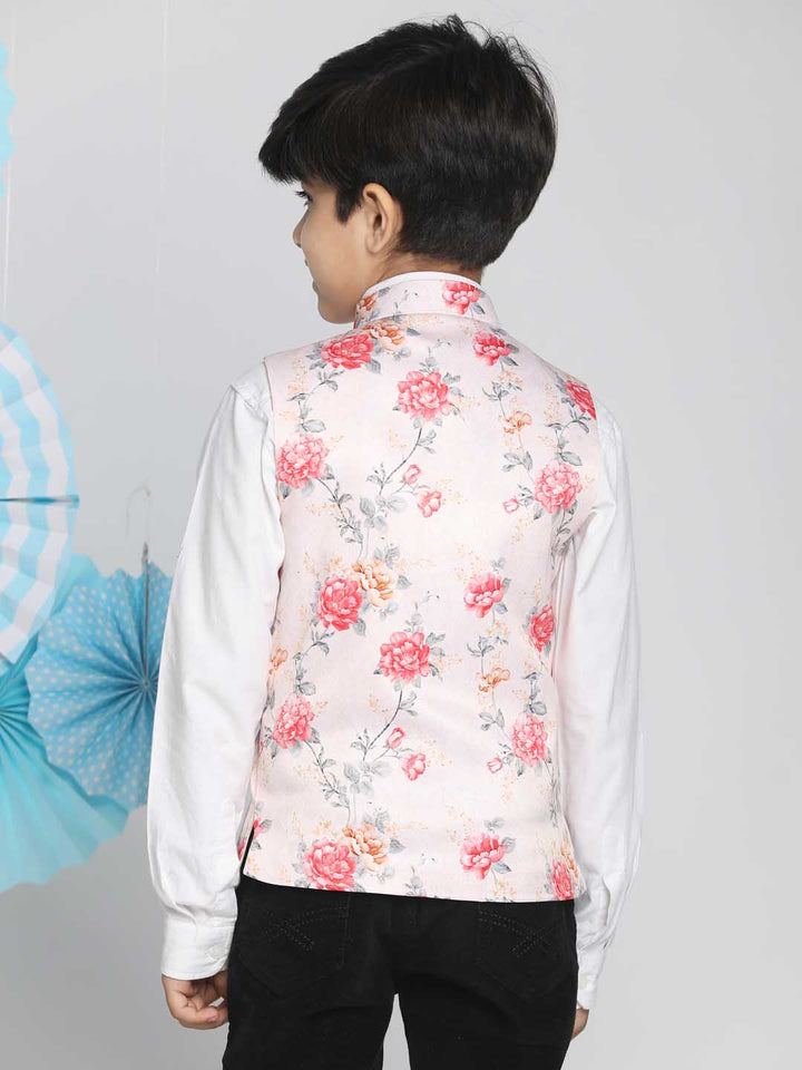 VASTRAMAY Boys Multicolor-Base-Peach Floral Printed Nehru Jacket - qivii