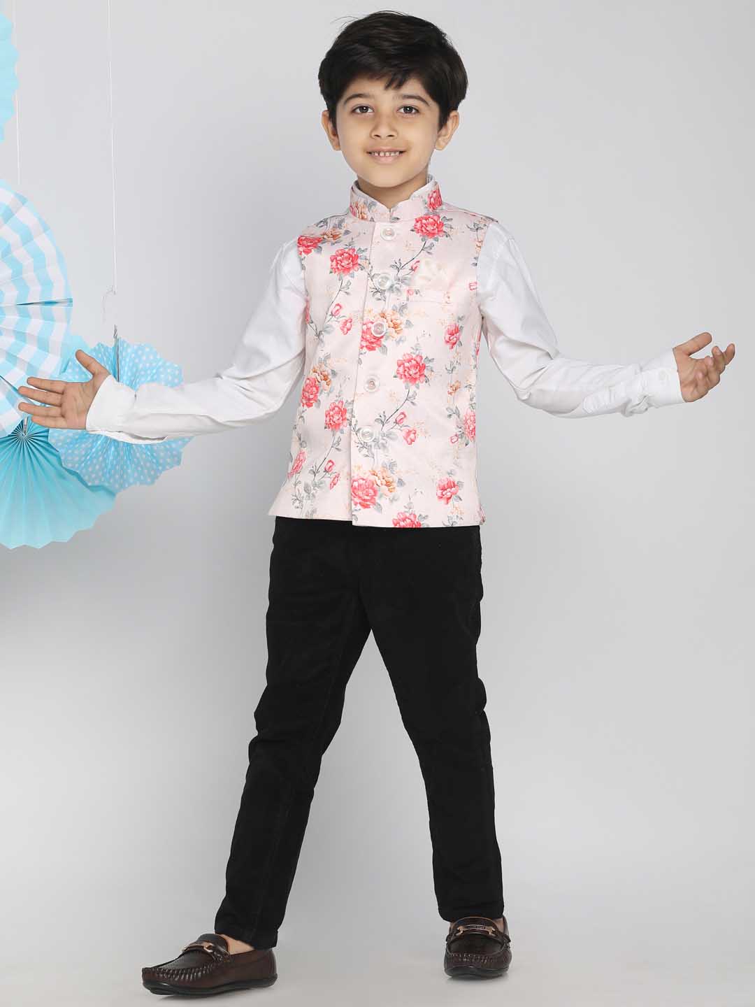 VASTRAMAY Boys Multicolor-Base-Peach Floral Printed Nehru Jacket - qivii