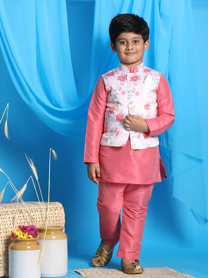 VASTRAMAY Boy's Peach Floral Print Jacket With Pink Kurta and Pyjama Set - qivii