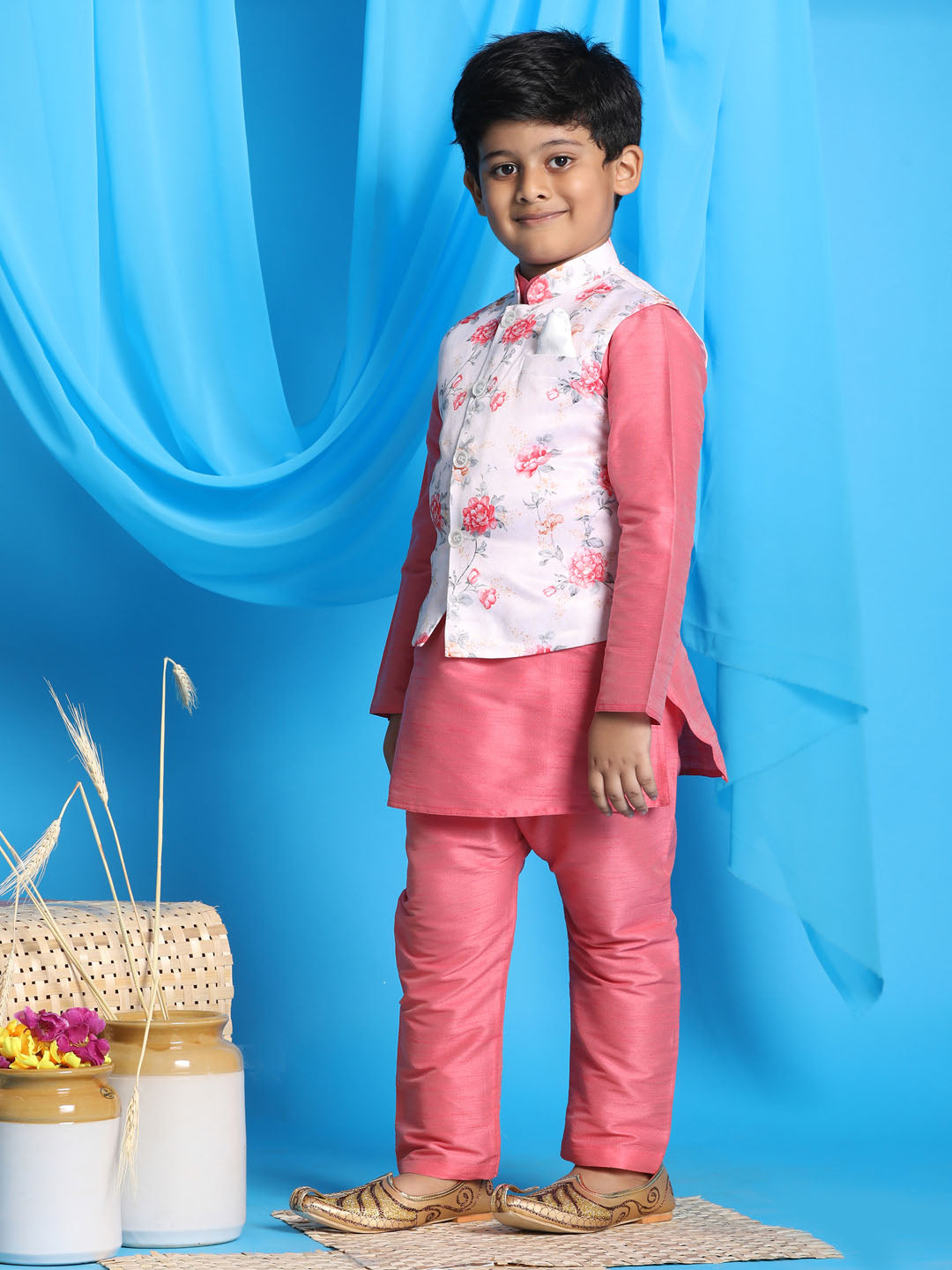 VASTRAMAY Boy's Peach Floral Print Jacket With Pink Kurta and Pyjama Set - qivii