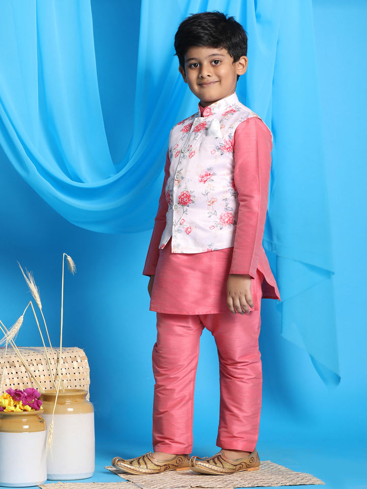 VASTRAMAY Boy's Peach Floral Print Jacket With Pink Kurta and Pyjama Set - qivii