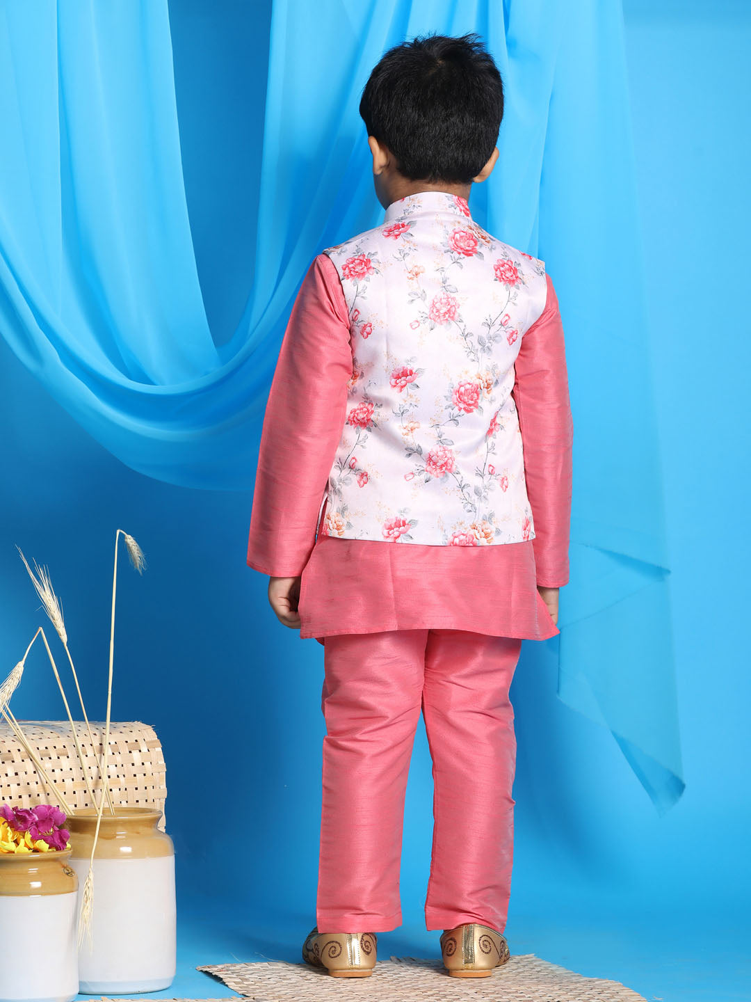 VASTRAMAY Boy's Peach Floral Print Jacket With Pink Kurta and Pyjama Set - qivii