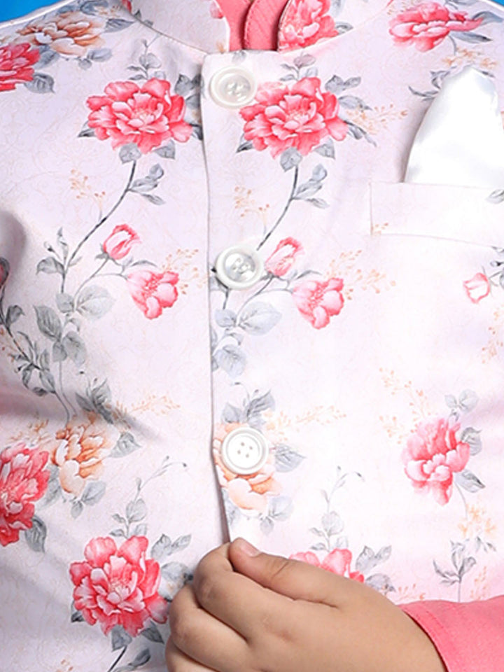 VASTRAMAY Boy's Peach Floral Print Jacket With Pink Kurta and Pyjama Set - qivii