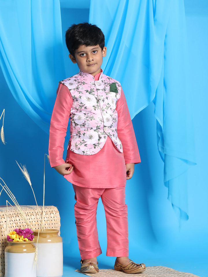 VASTRAMAY Boy's pink Floral Print Jacket With Pink Kurta and Pyjama Set - qivii