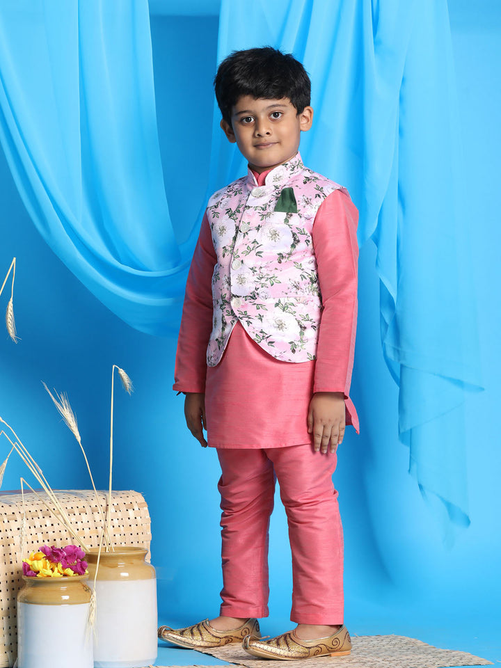 VASTRAMAY Boy's pink Floral Print Jacket With Pink Kurta and Pyjama Set - qivii