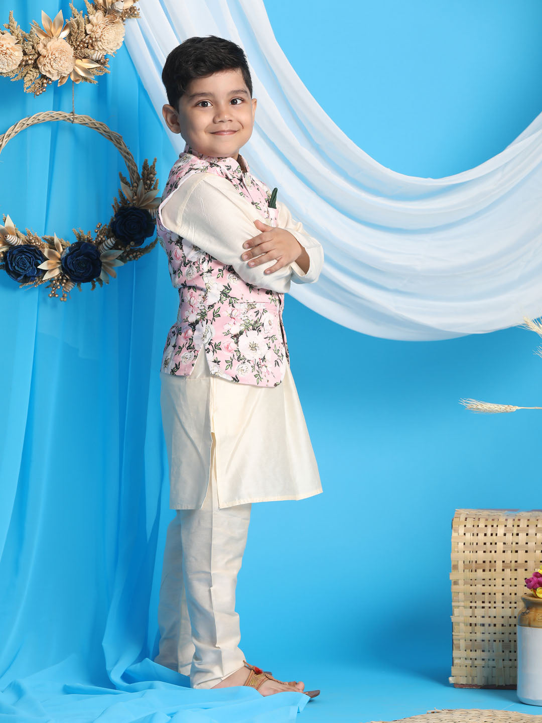 Vastramay Boys Pink Floral Printed Nehru Jacket With Cream Color Kurta And Pyjama Set - qivii