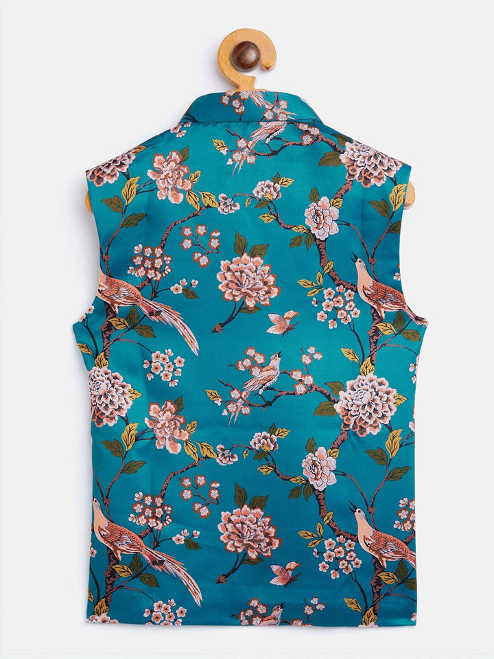 VASTRAMAY Boys Turquoise Blue & Green Printed Nehru Jacket - qivii