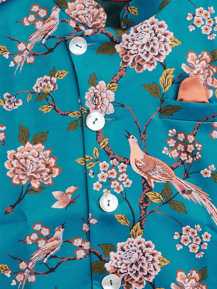 VASTRAMAY Boys Turquoise Blue & Green Printed Nehru Jacket - qivii