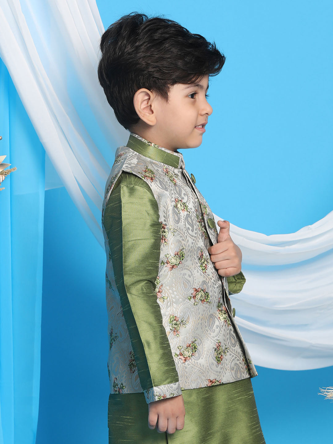 VASTRAMAY Boy's Grey & Green Printed Woven Nehru Jacket - qivii