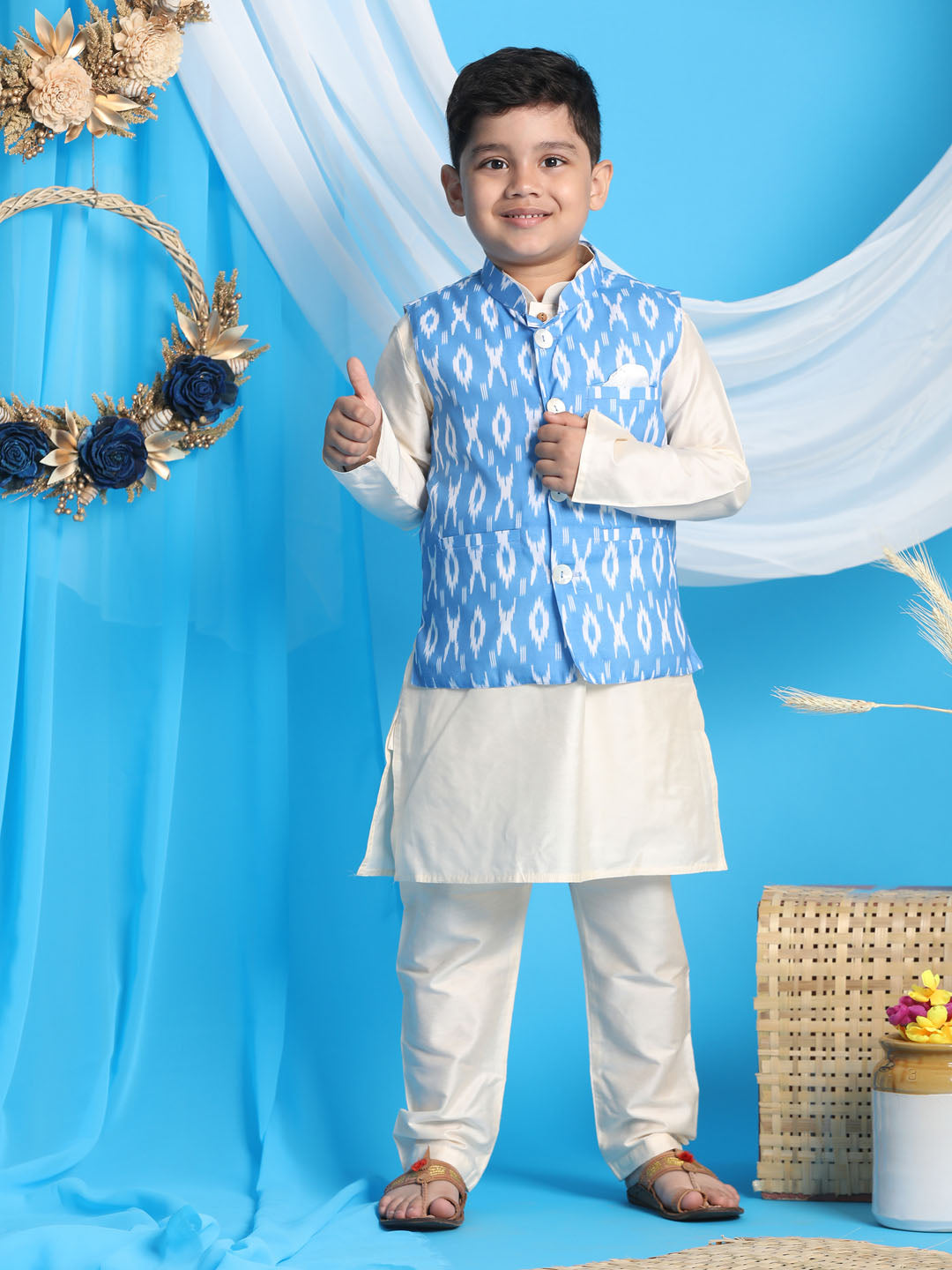 VASTRAMAY Boys' Aqua Nehru Jacket With Cream Kurta Pyjama set - qivii
