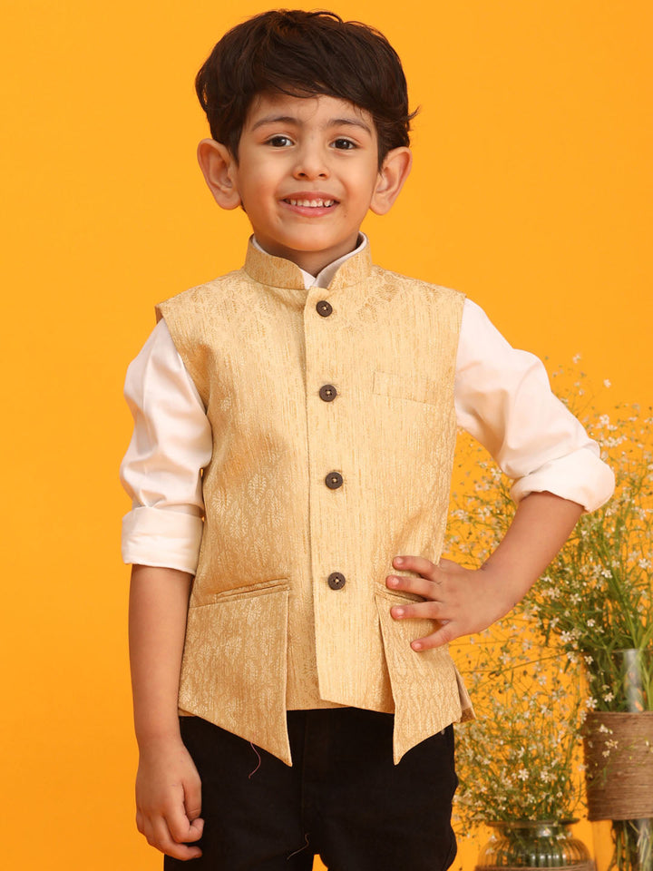 VASTRAMAY Boys Gold Woven Design Flap Ethnic Jacket - qivii