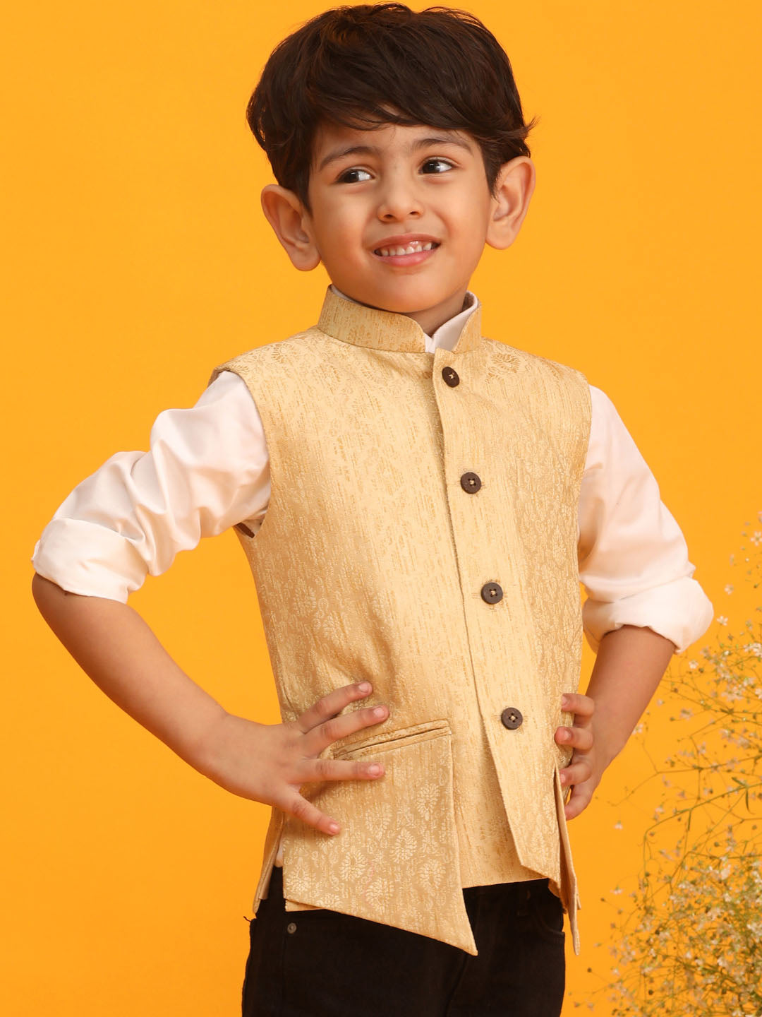 VASTRAMAY Boys Gold Woven Design Flap Ethnic Jacket - qivii