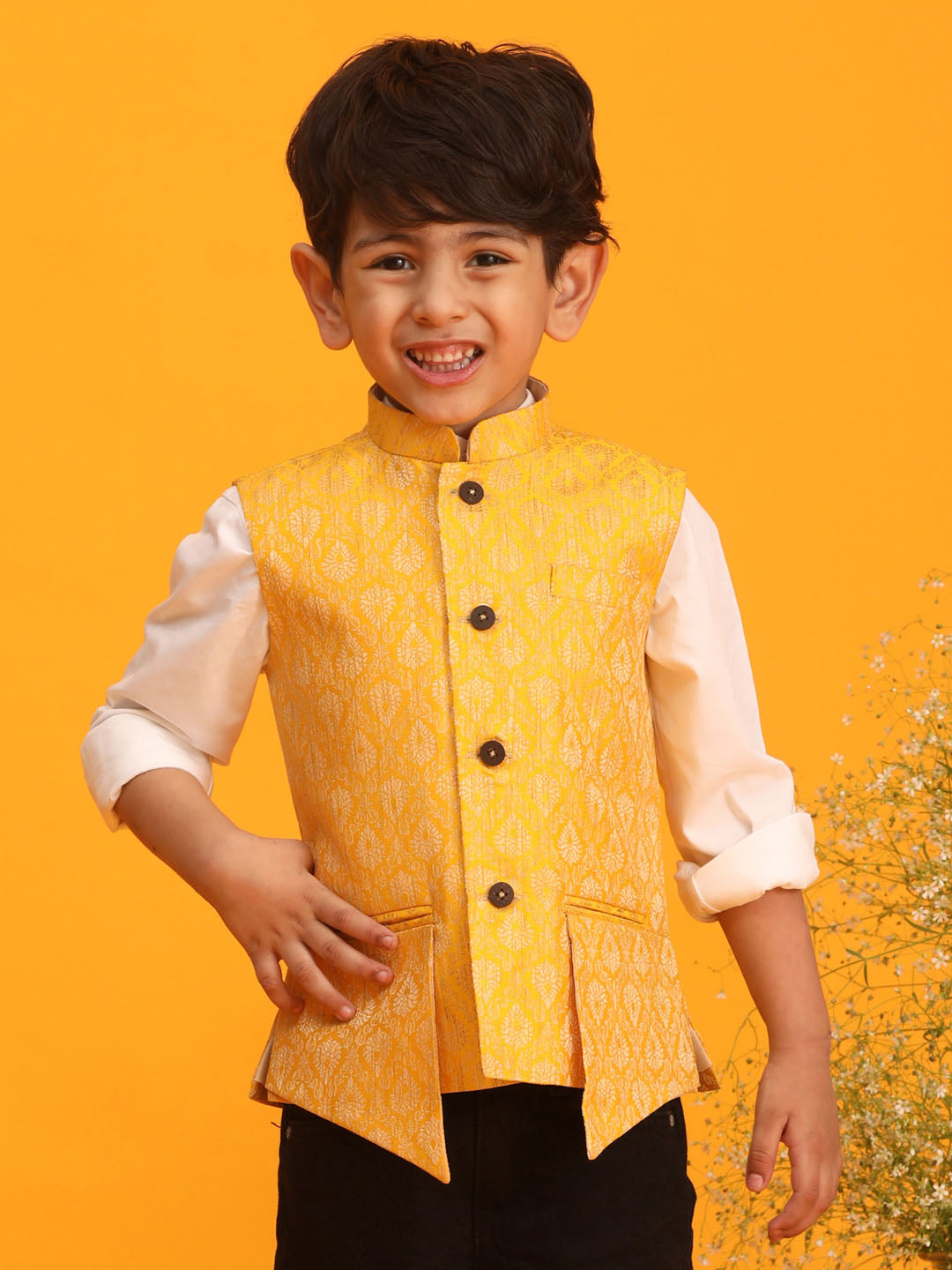 VASTRAMAY Boys Yellow Woven Design Flap Ethnic Jacket - qivii