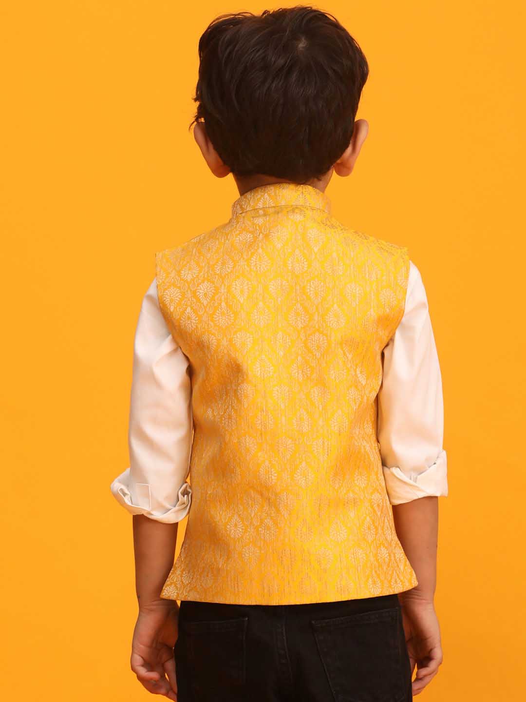 VASTRAMAY Boys Yellow Woven Design Flap Ethnic Jacket - qivii