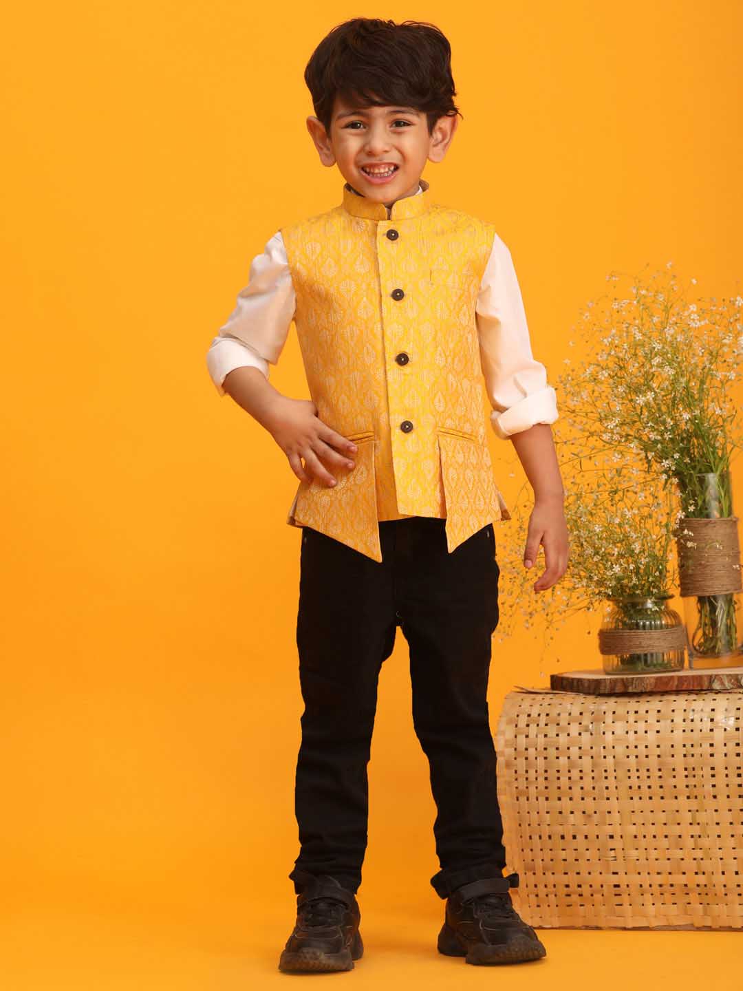 VASTRAMAY Boys Yellow Woven Design Flap Ethnic Jacket - qivii