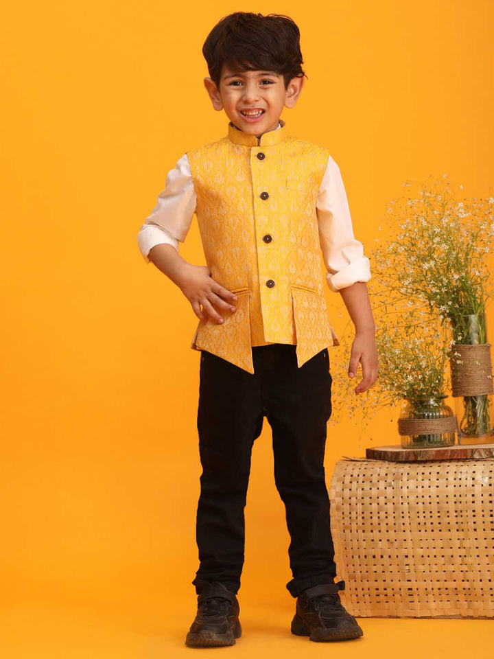 VASTRAMAY Boys Yellow Woven Design Flap Ethnic Jacket - qivii