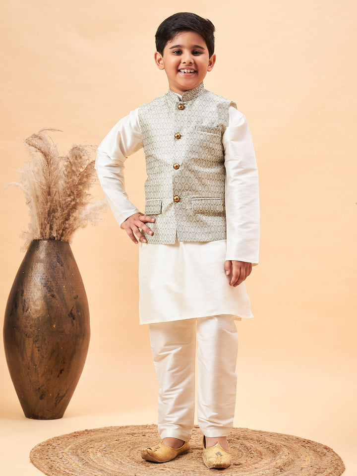 VASTRAMAY Boy's Beige Woven Jacket With Cream Kurta and Pyjama Set - qivii