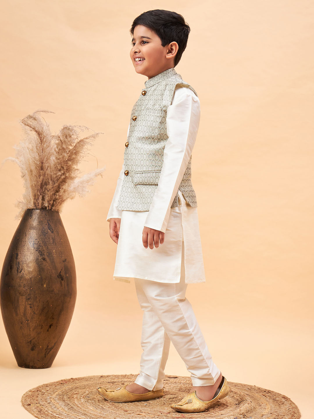VASTRAMAY Boy's Beige Woven Jacket With Cream Kurta and Pyjama Set - qivii