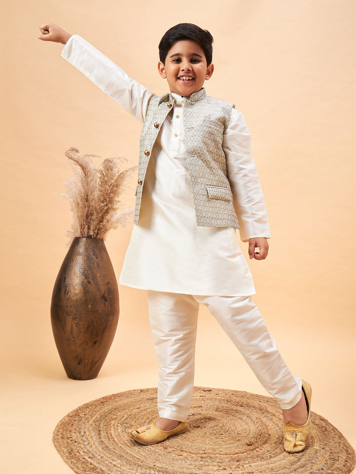 VASTRAMAY Boy's Beige Woven Jacket With Cream Kurta and Pyjama Set - qivii