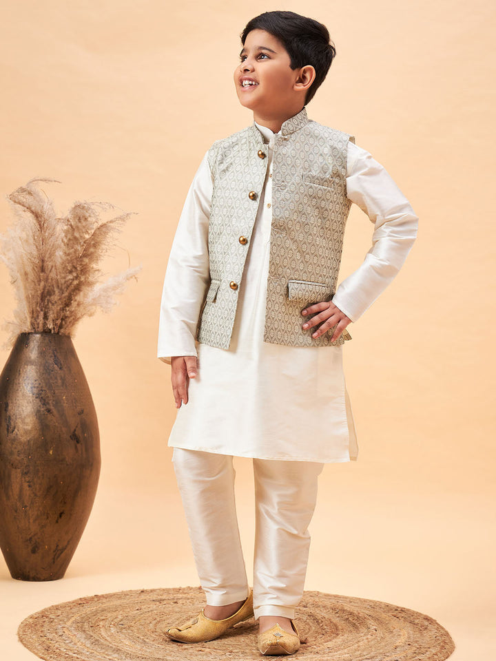 VASTRAMAY Boy's Beige Woven Jacket With Cream Kurta and Pyjama Set - qivii