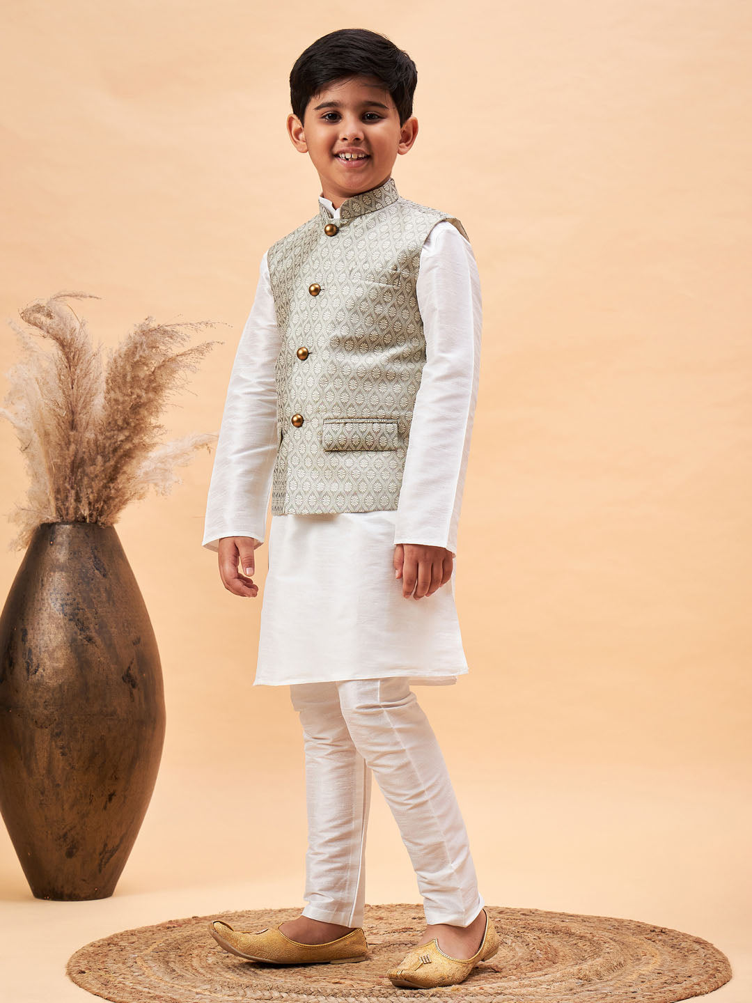 VASTRAMAY Boy's Beige Woven Jacket With White Kurta and Pyjama Set - qivii