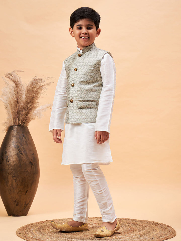 VASTRAMAY Boy's Beige Woven Jacket With White Kurta and Pyjama Set - qivii