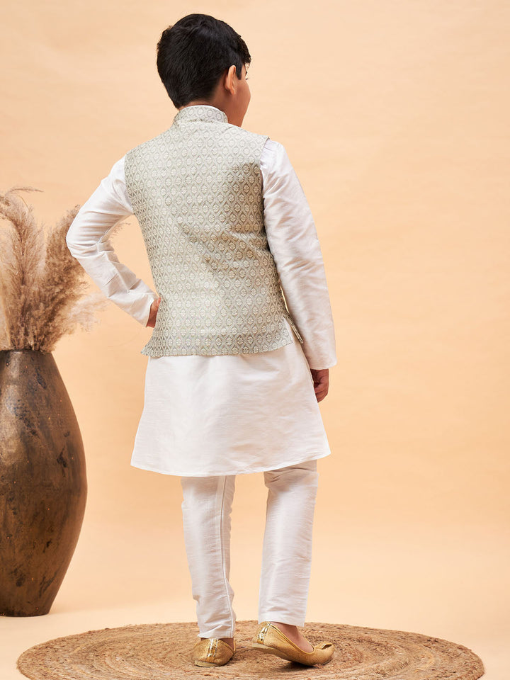 VASTRAMAY Boy's Beige Woven Jacket With White Kurta and Pyjama Set - qivii