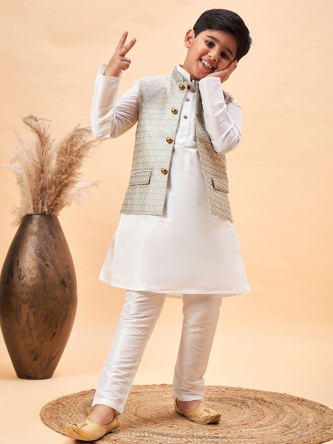 VASTRAMAY Boy's Beige Woven Jacket With White Kurta and Pyjama Set - qivii