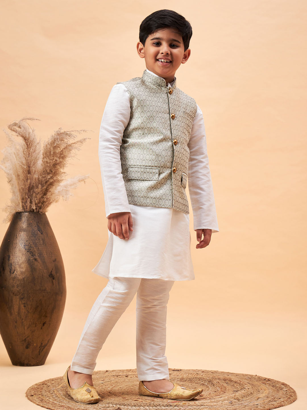 VASTRAMAY Boy's Beige Woven Jacket With White Kurta and Pyjama Set - qivii