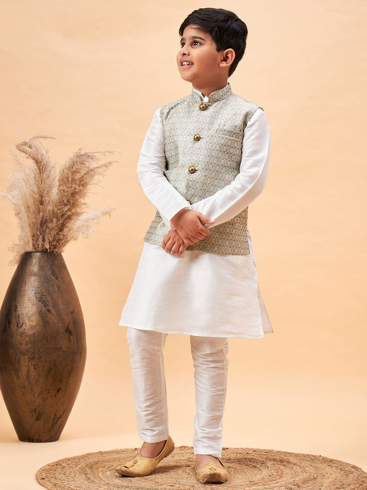 VASTRAMAY Boy's Beige Woven Jacket With White Kurta and Pyjama Set - qivii