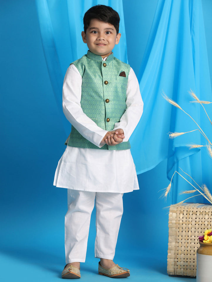 VASTRAMAY Boy's Light Green Woven Jacket With White Kurta and Pyjama Set - qivii