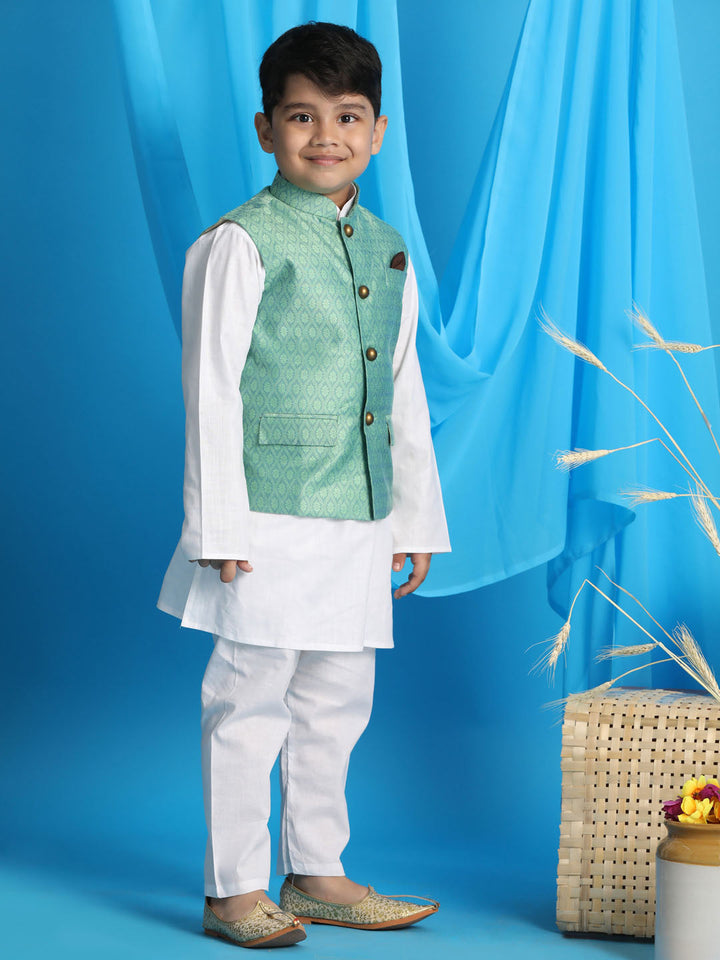 VASTRAMAY Boy's Light Green Woven Jacket With White Kurta and Pyjama Set - qivii