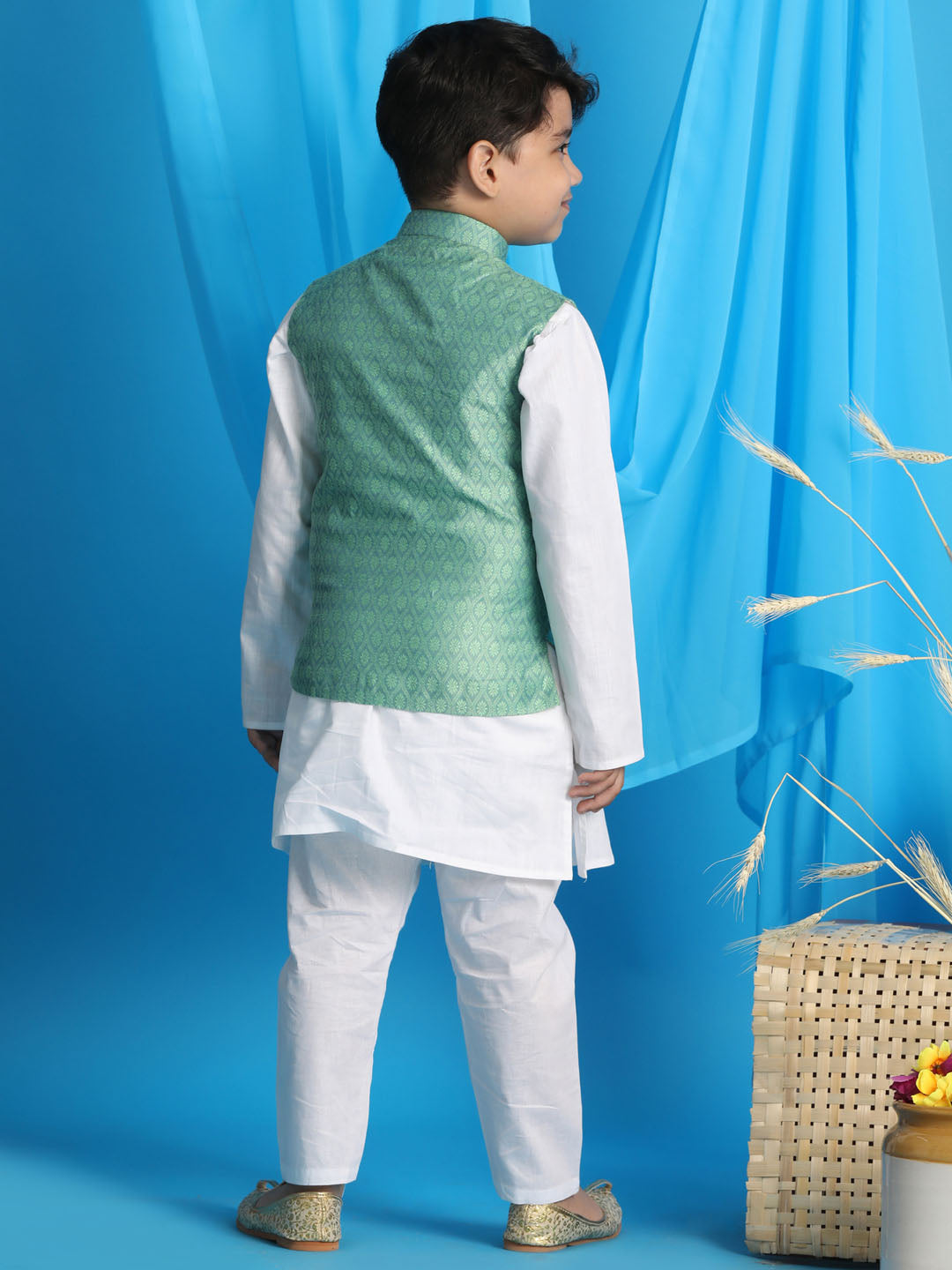 VASTRAMAY Boy's Light Green Woven Jacket With White Kurta and Pyjama Set - qivii