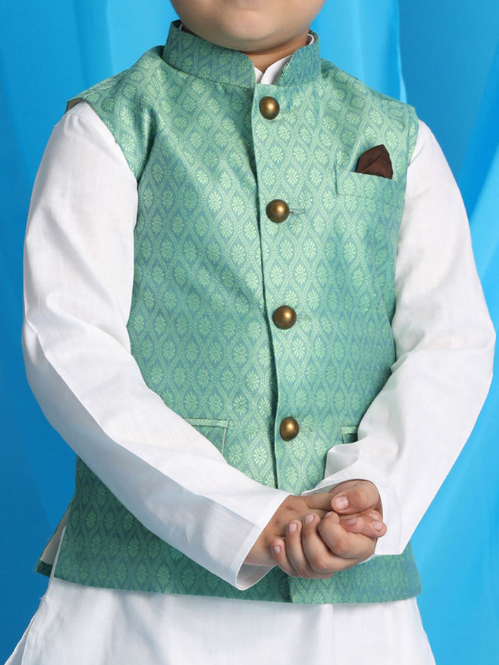 VASTRAMAY Boy's Light Green Woven Jacket With White Kurta and Pyjama Set - qivii