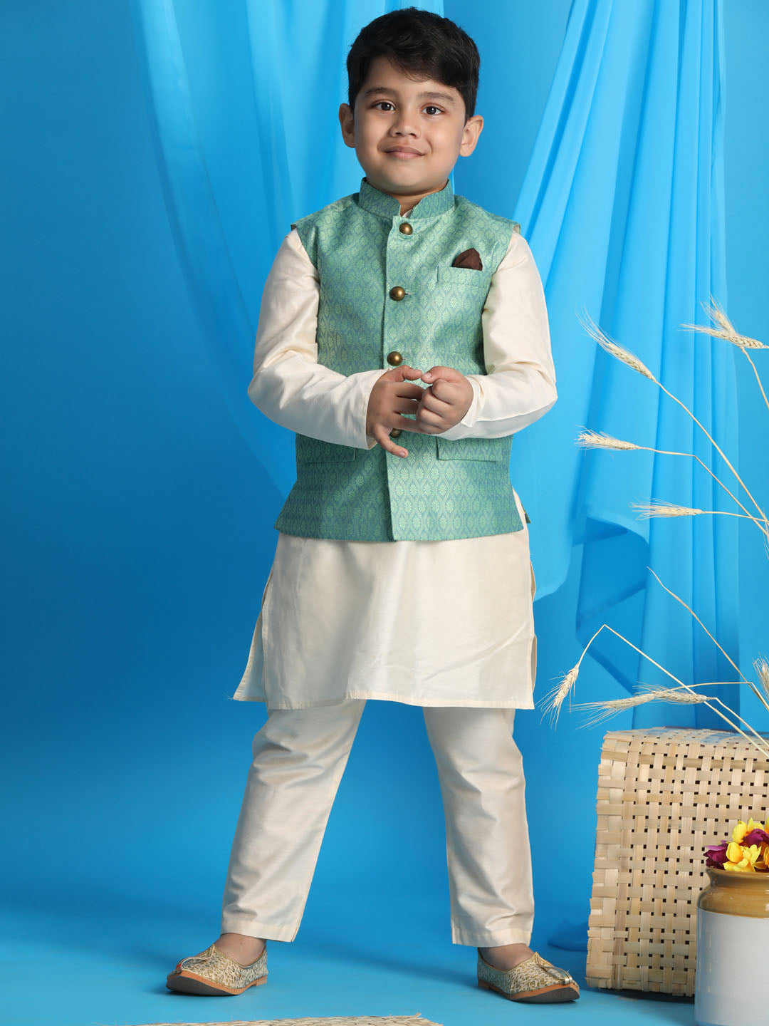 VASTRAMAY Boy's Light Green Woven Jacket With Cream Kurta and Pyjama Set - qivii