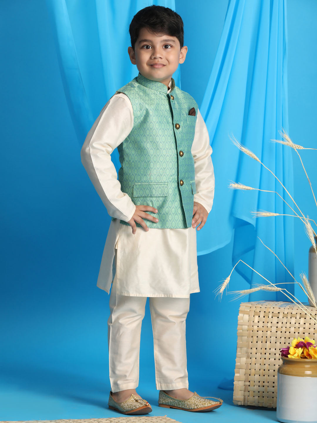 VASTRAMAY Boy's Light Green Woven Jacket With Cream Kurta and Pyjama Set - qivii