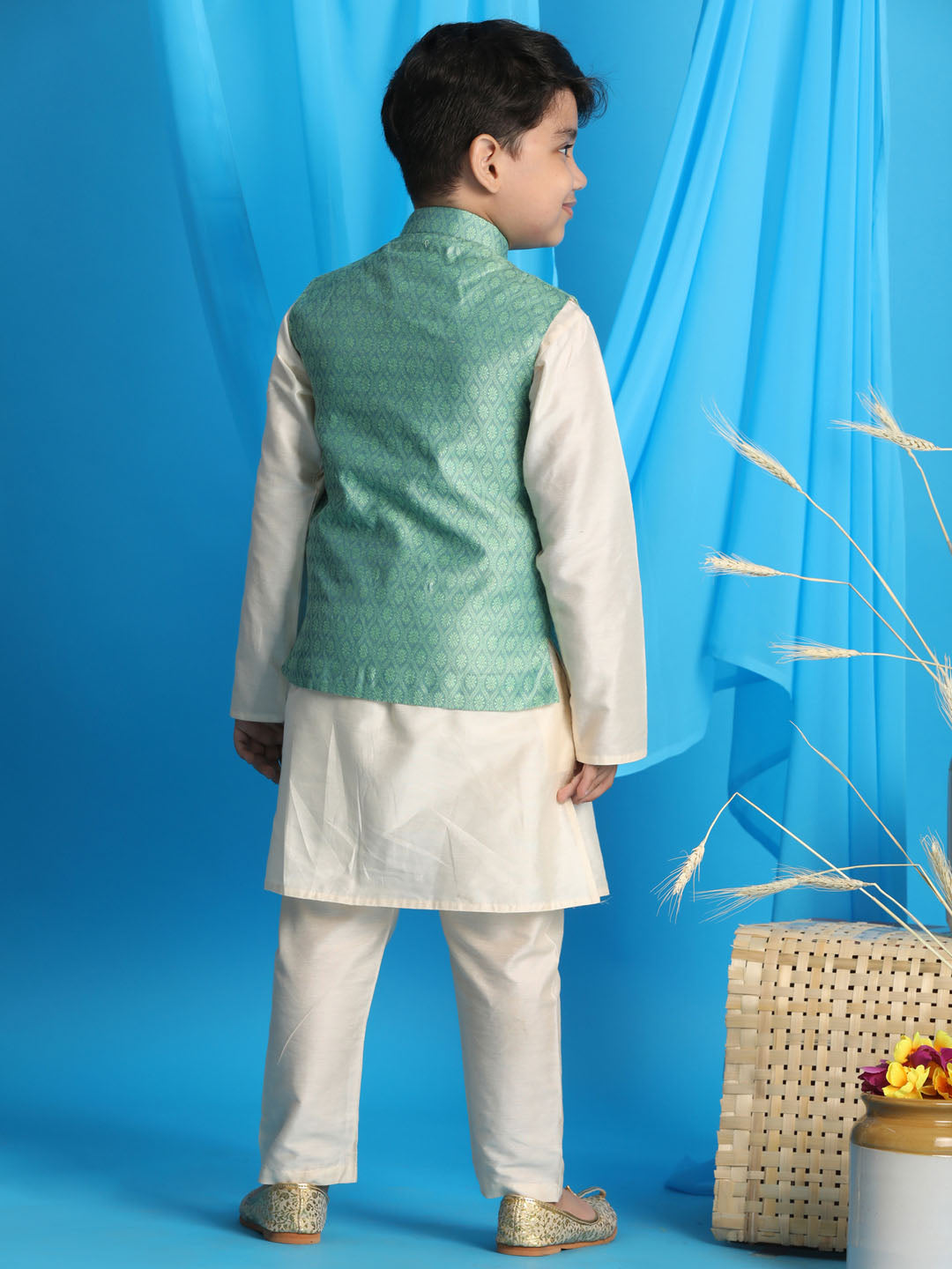 VASTRAMAY Boy's Light Green Woven Jacket With Cream Kurta and Pyjama Set - qivii