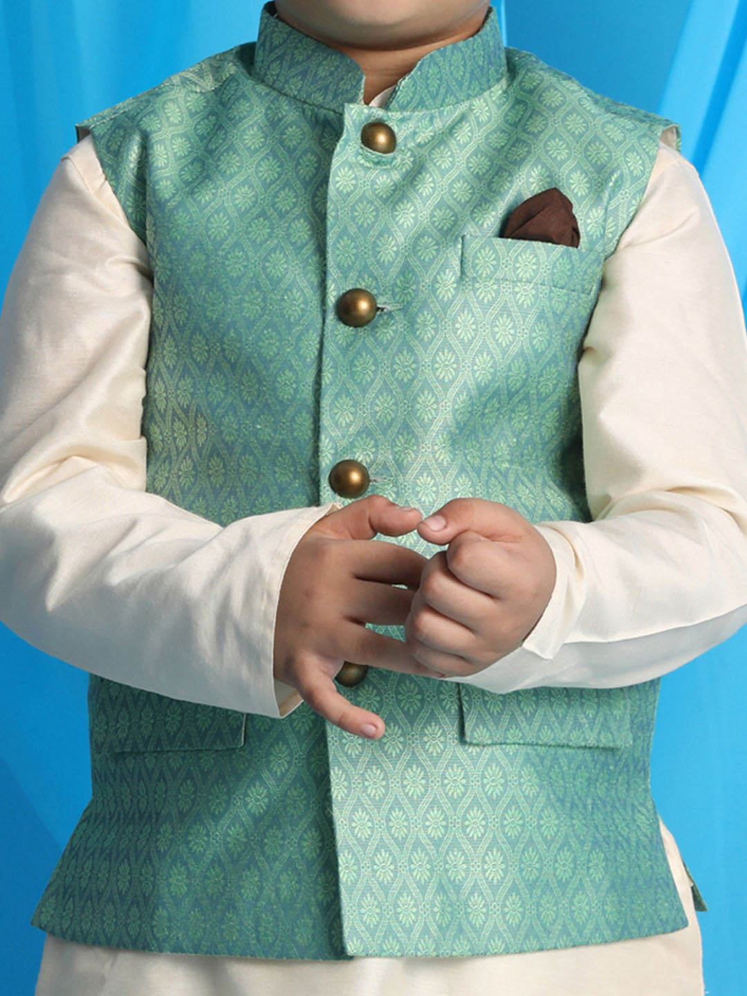 VASTRAMAY Boy's Light Green Woven Jacket With Cream Kurta and Pyjama Set - qivii