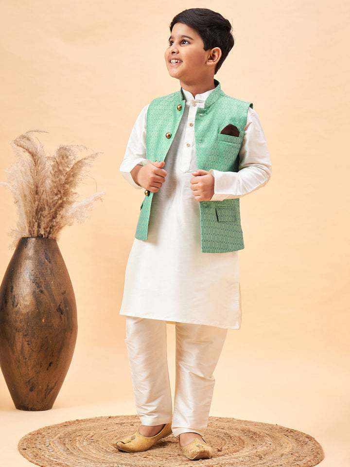 VASTRAMAY Boy's Green Woven Jacket With Cream Kurta and Pyjama Set - qivii