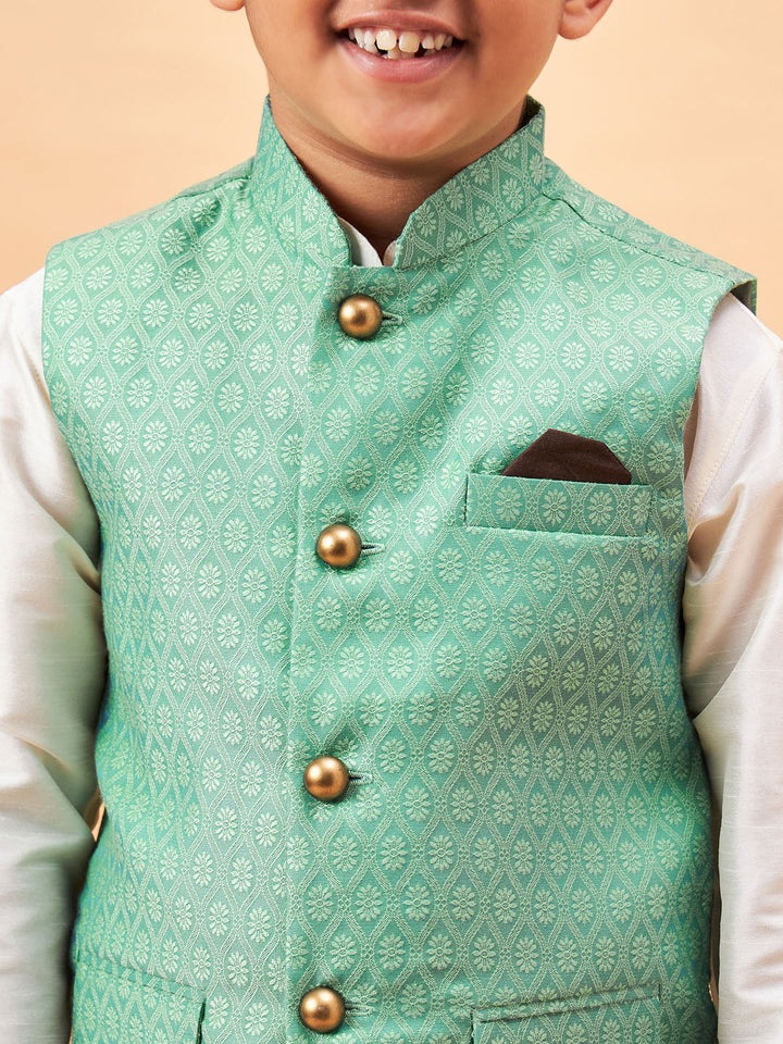 VASTRAMAY Boy's Green Woven Jacket With Cream Kurta and Pyjama Set - qivii