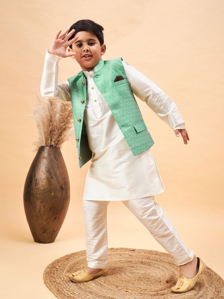 VASTRAMAY Boy's Green Woven Jacket With Cream Kurta and Pyjama Set - qivii