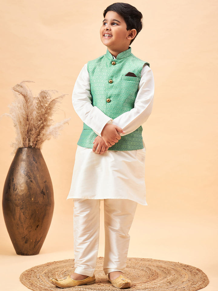 VASTRAMAY Boy's Green Woven Jacket With Cream Kurta and Pyjama Set - qivii