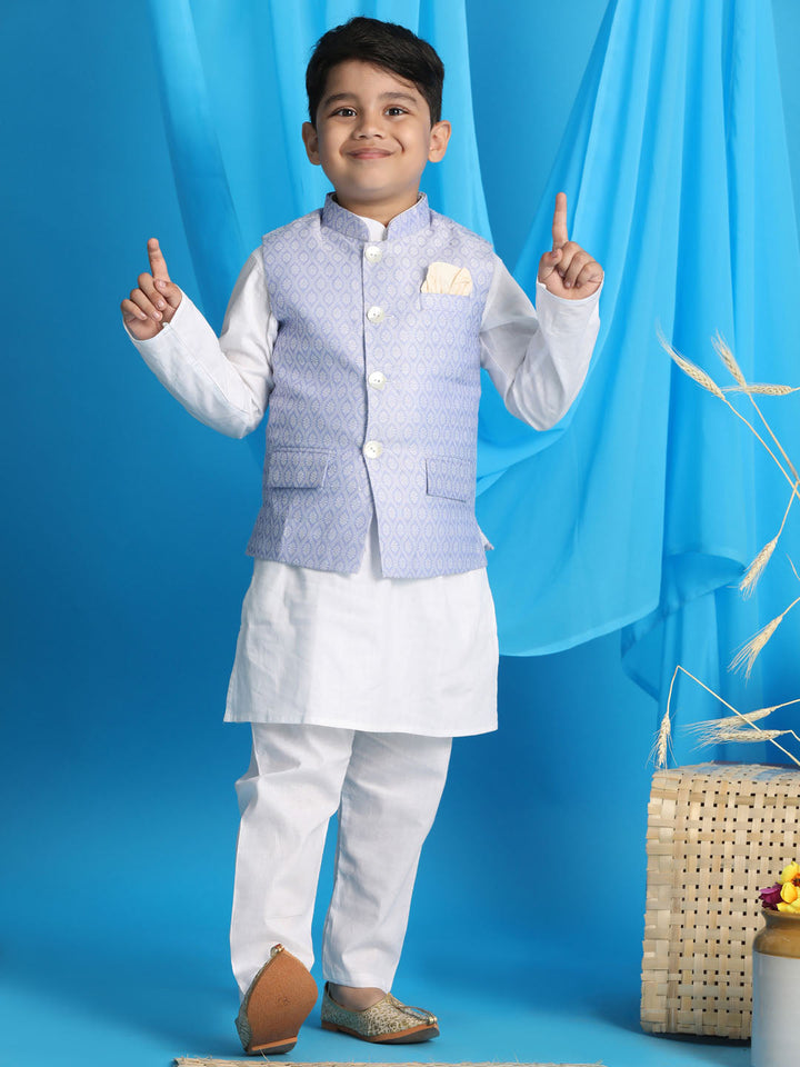 VASTRAMAY Boy's Lavender Woven Jacket With White Kurta and Pyjama Set - qivii