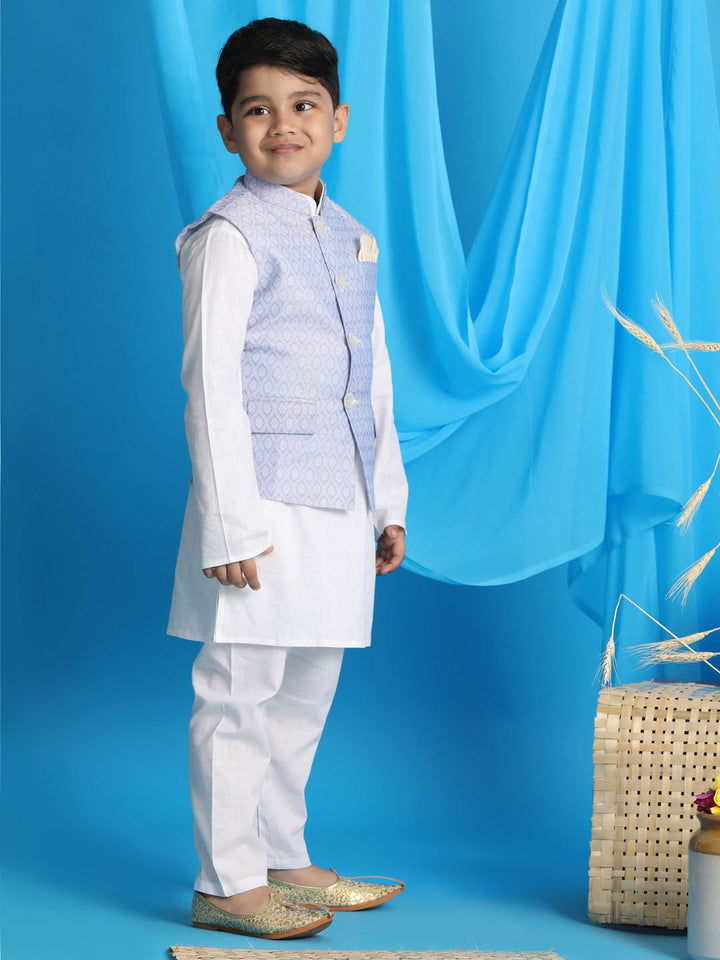 VASTRAMAY Boy's Lavender Woven Jacket With White Kurta and Pyjama Set - qivii