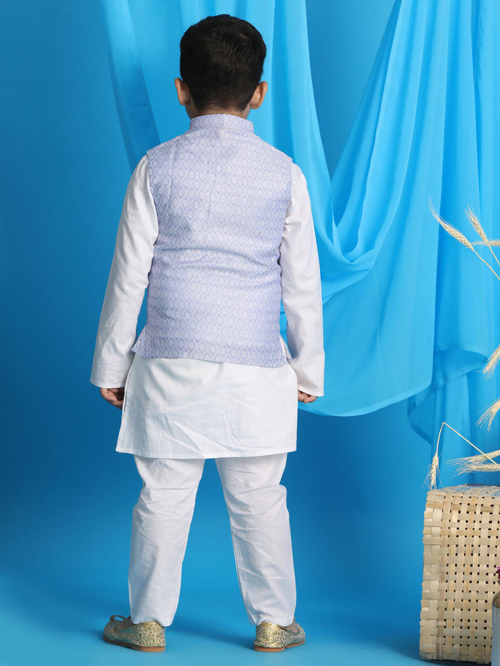 VASTRAMAY Boy's Lavender Woven Jacket With White Kurta and Pyjama Set - qivii