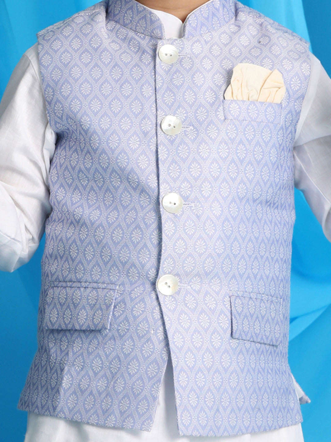 VASTRAMAY Boy's Lavender Woven Jacket With White Kurta and Pyjama Set - qivii